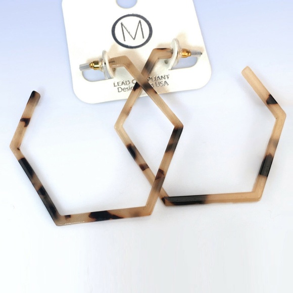 Slim Hexagon Hoop Earrings Tan/Brown Marbled Resin - Picture 1 of 1